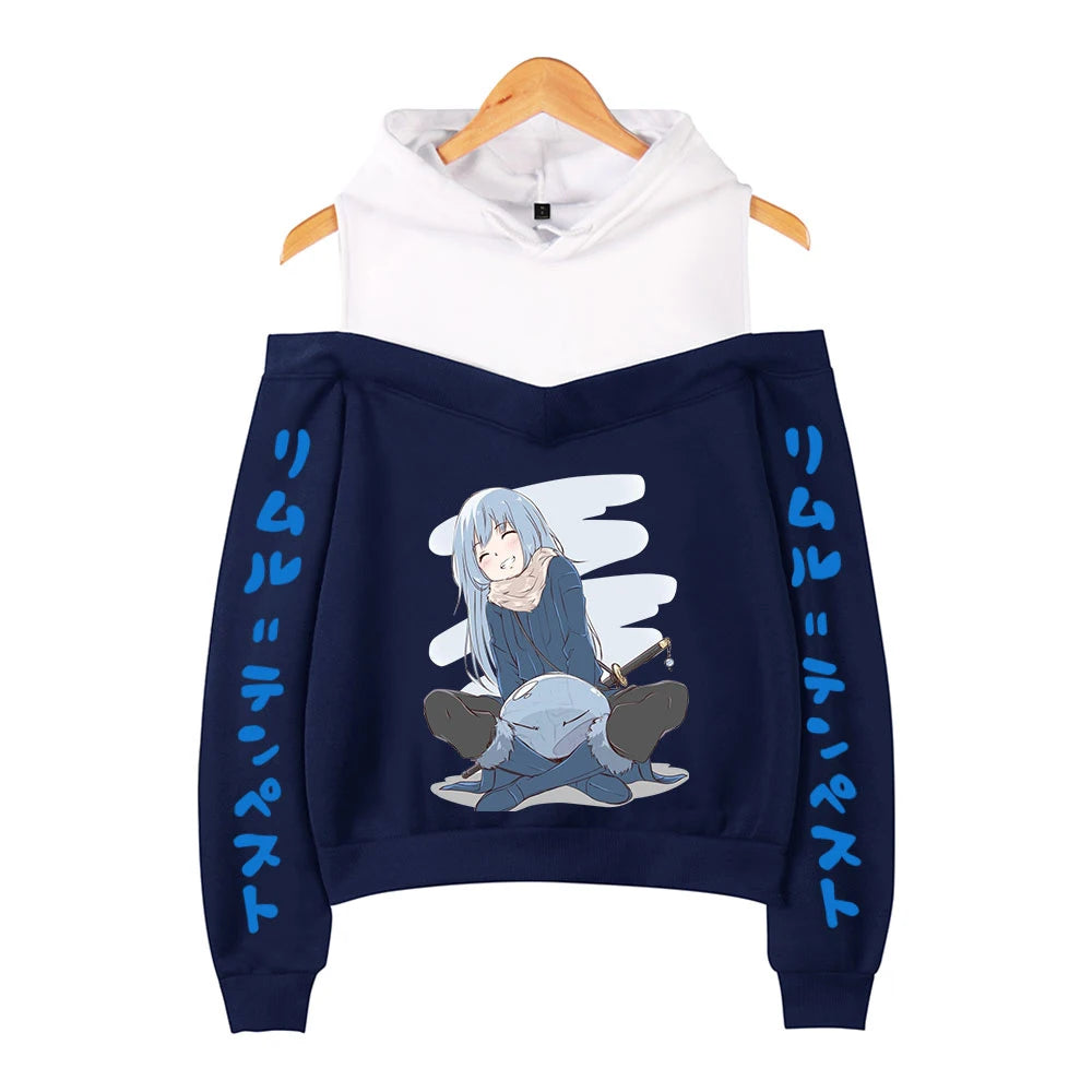 That Time I Got Reincarnated as a Slime Off Shoulder Hoodies Women Long Sleeve Anime Hooded Sweatshirt Fashion Casual Clothes