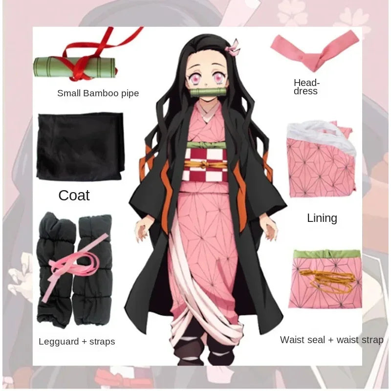 Demon Slayer Kamado Nezuko Cosplay Costume Anime Kimetsu No Yaiba Outfit Wig Shoes Set for Halloween Party Clothes