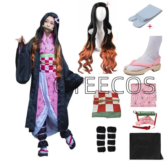 Demon Slayer Kamado Nezuko Cosplay Costume Anime Kimetsu No Yaiba Outfit Wig Shoes Set for Halloween Party Clothes