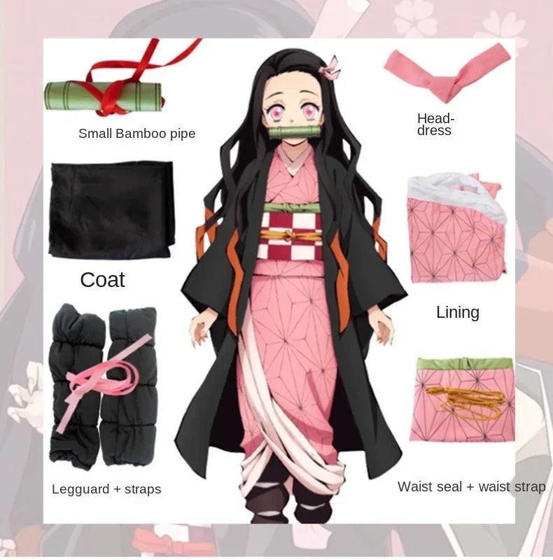 Demon Slayer Kamado Nezuko Cosplay Costume Anime Kimetsu No Yaiba Outfit Wig Shoes Set for Halloween Party Clothes