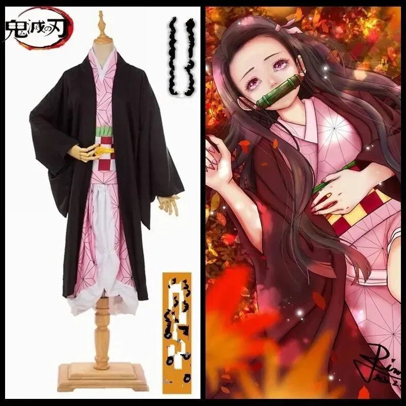 Demon Slayer Kamado Nezuko Cosplay Costume Anime Kimetsu No Yaiba Outfit Wig Shoes Set for Halloween Party Clothes